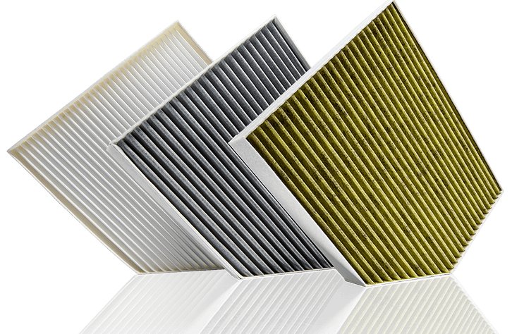 Variation von Filterelementen: Innenraumfilterelement, Aktivkohlefilterelement, Filterelement mit biofunktionaler Beschichtung